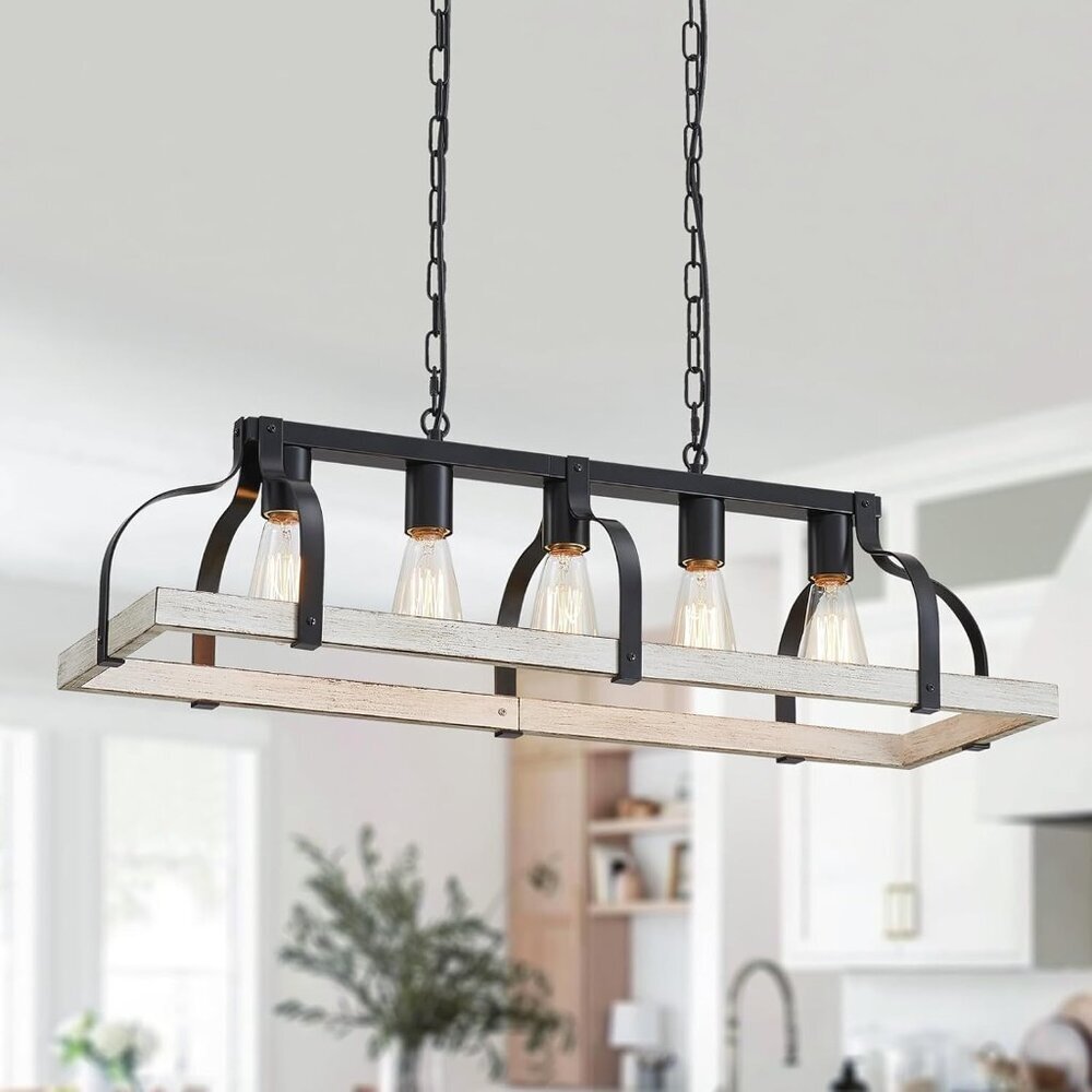 5-Light Metal Chandelier Imitation Wood Grain Linear Pendant Ceiling Lighting Ru